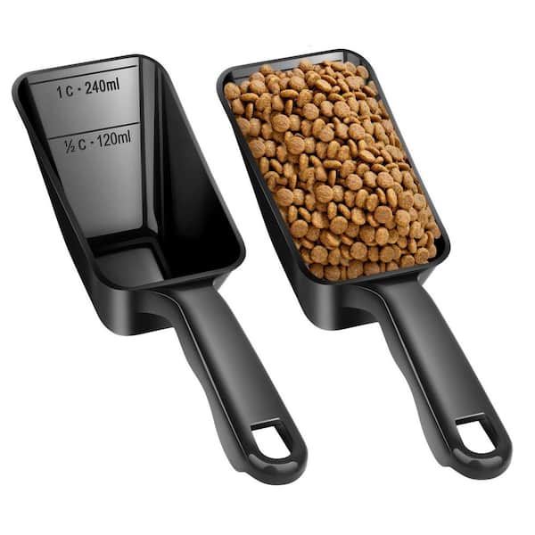 1 Cup Plastic Dog Food and Pet Food Measuring Spoon with Measuring Lines for Dogs, Cats, Fish and Bird, Black (2-Pack)