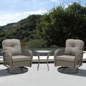3-Piece Wicker Outdoor Patio Conversation Seating Set with Grey Cushions