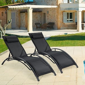 2-Piece Black Aluminum Outdoor Chaise Lounge Chair Recliner with 5-Level Adjustable Backrest and Black Cushion