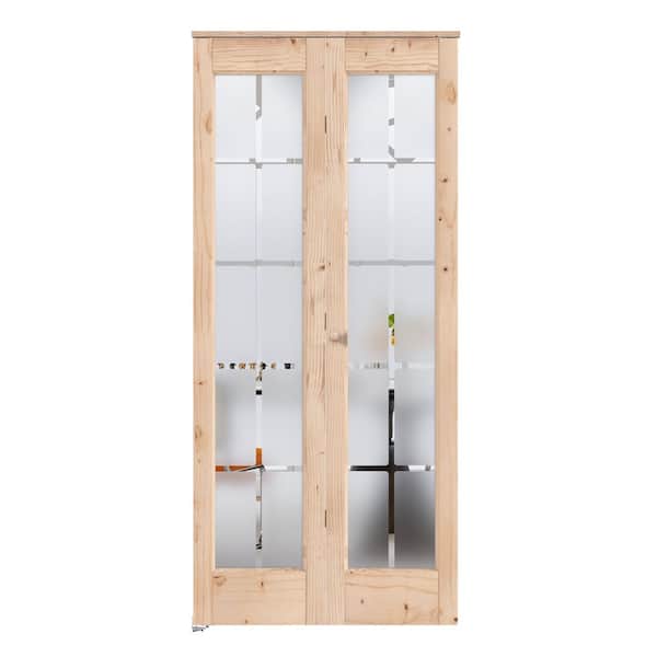 32 in. x 80 in. 1-PACK Full-Lite Glass Unfinished Spruce Solid Core Wood Interior Bi-Fold Door with Hardware