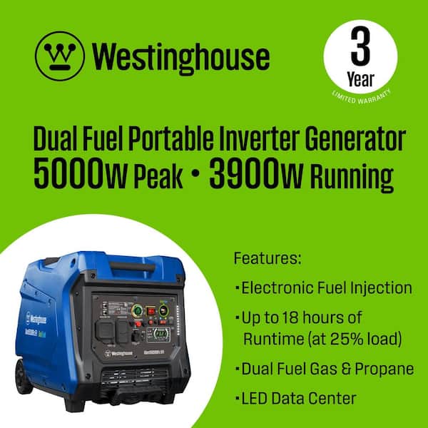 5,000-Watt Dual Fuel Gas and Propane Powered Portable Inverter EFI Generator with Remote Electric Start, LED Data Center