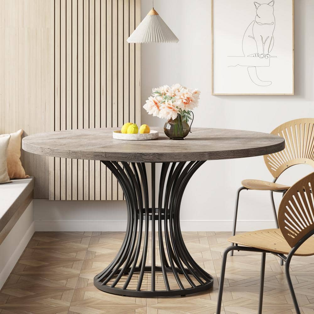 Gray 47-Inch Round Farmhouse Dining Table with Metal Base