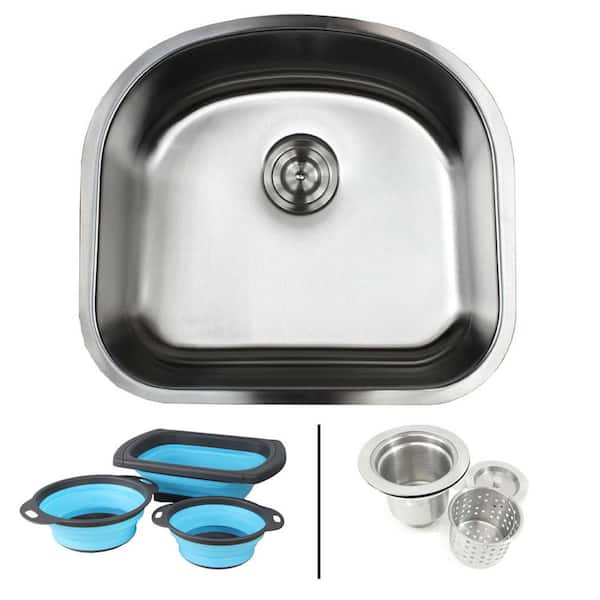 eModernDecor Undermount 16-Gauge Stainless Steel 23-1/4 in. Single Bowl Kitchen Sink in Sharp Satin Finish with Silicone Colanders