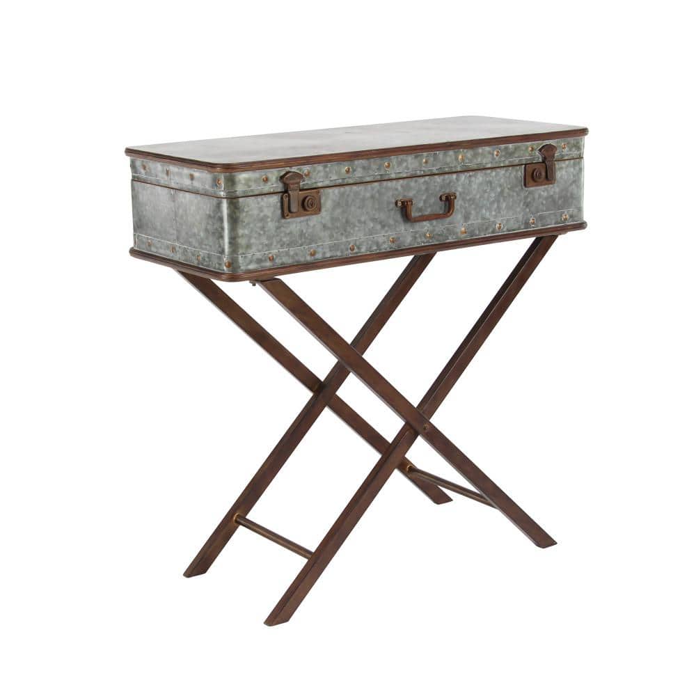 Gray Metal Suitcase Style Accent Table with Folding Legs