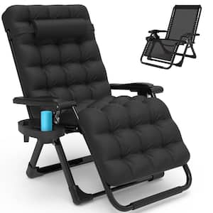 Fssia 26 in. W Black Metal 0-Gravity Chairs Outdoor/Indoor Patio Folding Reclining Lounge Chair with Cushion