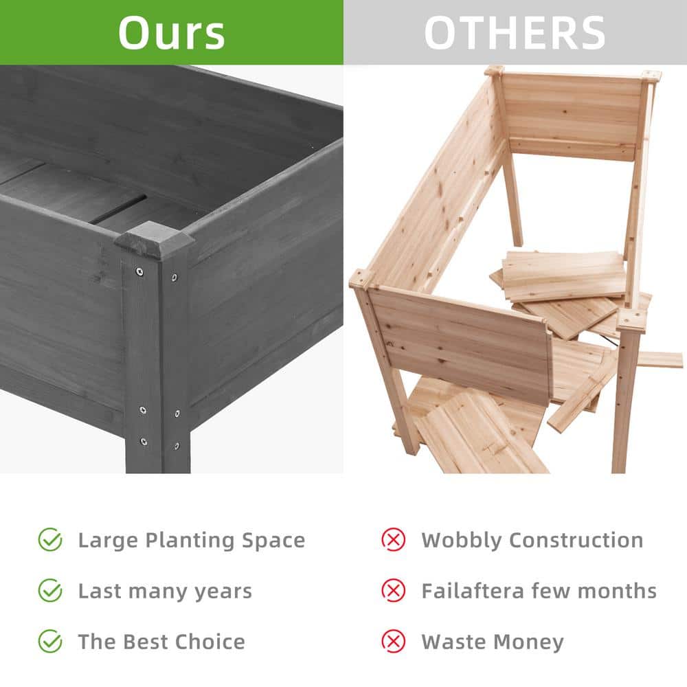 Gray Wooden Rectangular Elevated Raised Garden Bed for Outdoor Gardening