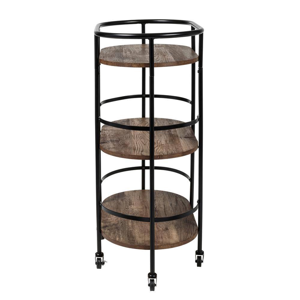 Rustic Brown and Black 3-Tier Oval Bar Cart with Storage