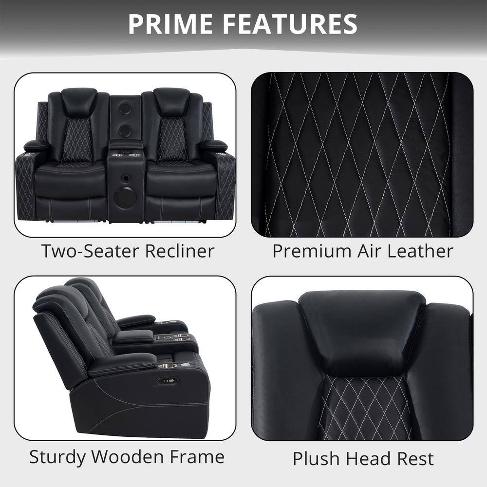 Black Faux Leather Reclining Loveseat with Cup Holders and LED Lights
