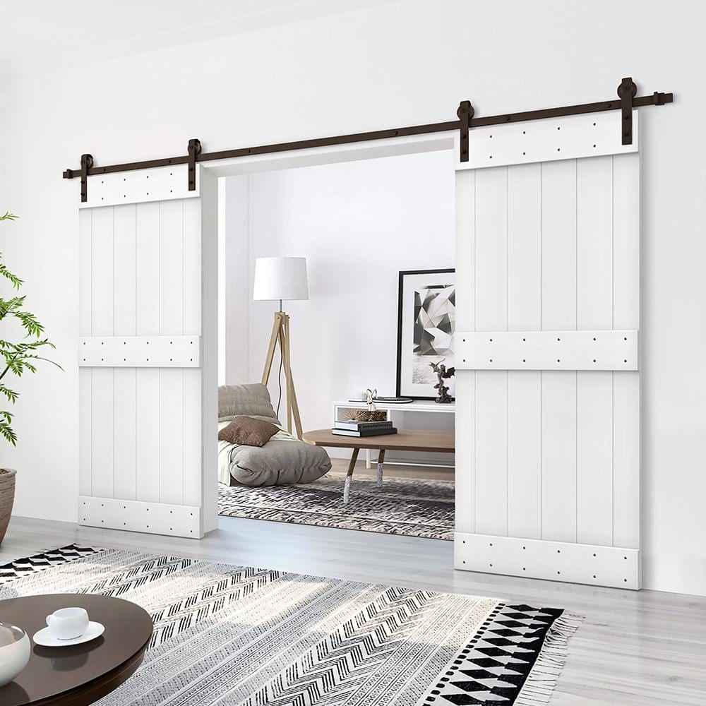 Pure White Solid Pine Double Barn Door with Oil-Rubbed Bronze Hardware
