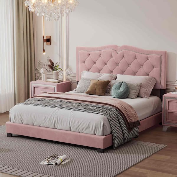 Pink Wood Frame Queen Size Platform Bed with Rivet Design, Tufted Headboard