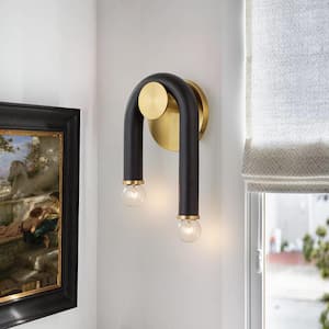 Mila 5.9 in. 2-Light Black and Brass Contemporary Wall Sconce with U-Shape