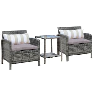 3-Piece Wicker Outdoor Bistro Set with Grey Cushions, Patio Porch Furniture Set with Shelf Table for Garden (2-Tier)