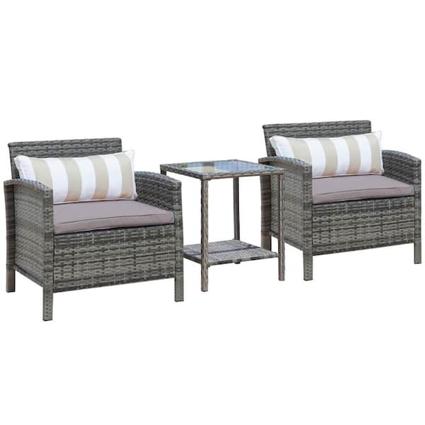 Outsunny 3-Piece Wicker Outdoor Bistro Set with Grey Cushions, Patio Porch Furniture Set with Shelf Table for Garden (2-Tier)