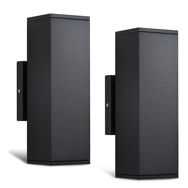 Black Aluminum Outdoor Hardwired Rectangle Wall Lantern Sconce with 12W 2700K Integrated LED Up Down Light (2-Pack)