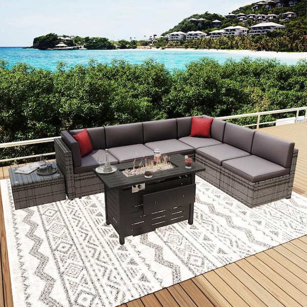 Sizzim 8-Piece Patio Wicker Sectional Set with 40 in. Metal Fire Pit Table, Gray Cushions and Set Covers