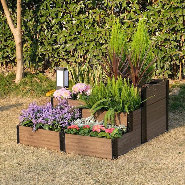EverBloom 24 in. D x 28 in. H x 90 in. W Brown and Black Composite Board and Steel Corner and Terraced Garden Box Set