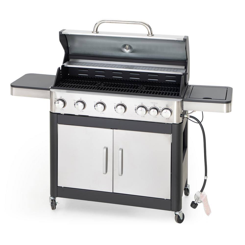 PHI VILLA 6Burner Propane Gas Grill in Stainless Steel with Side Burner Hose and Regulator THD