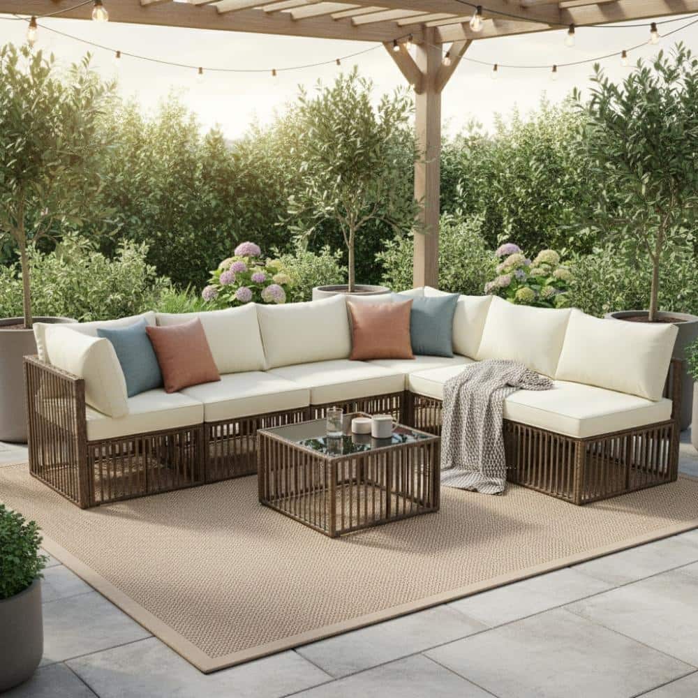7-Piece Brown Wicker Outdoor Sectional Set with Beige Cushions and Table for Backyard and Patio price history on PriceWatchPro