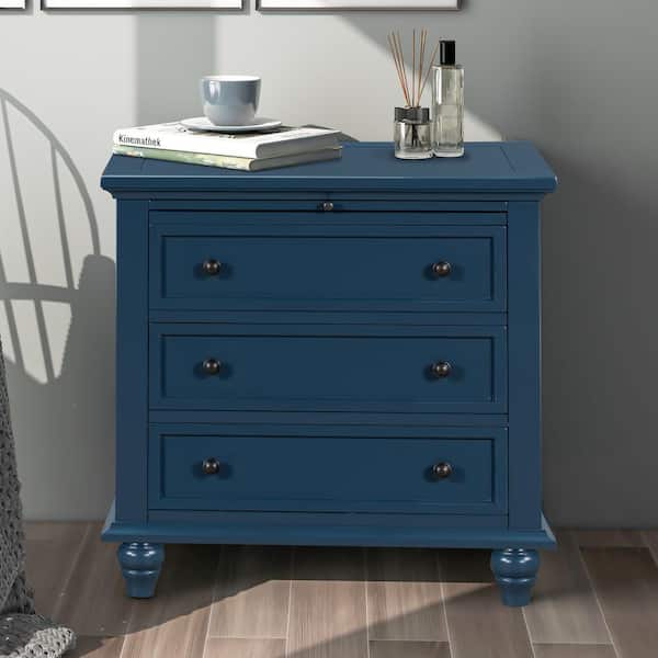 Harper & Bright Designs Blue Classic 3-Drawer 28 in. W Nightstand with Pull Out Tray