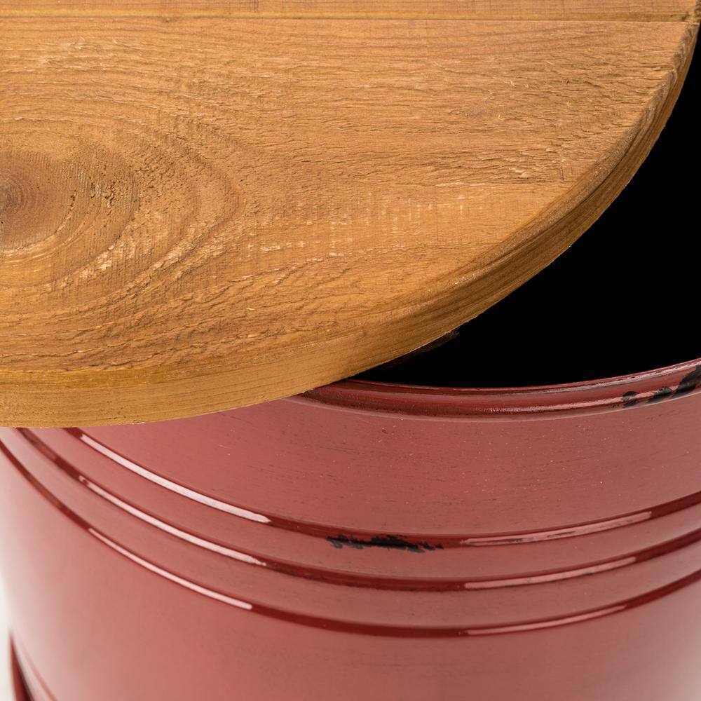 Rustic Red Iron & Pine Wood Storage Accent Table/Stool Set