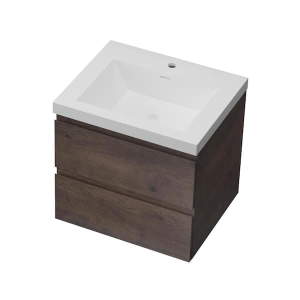 FUNKOL 24 in. W Modern Simplicity Floating Wall-Mounted Bathroom Vanity with White Single Sink in Brown