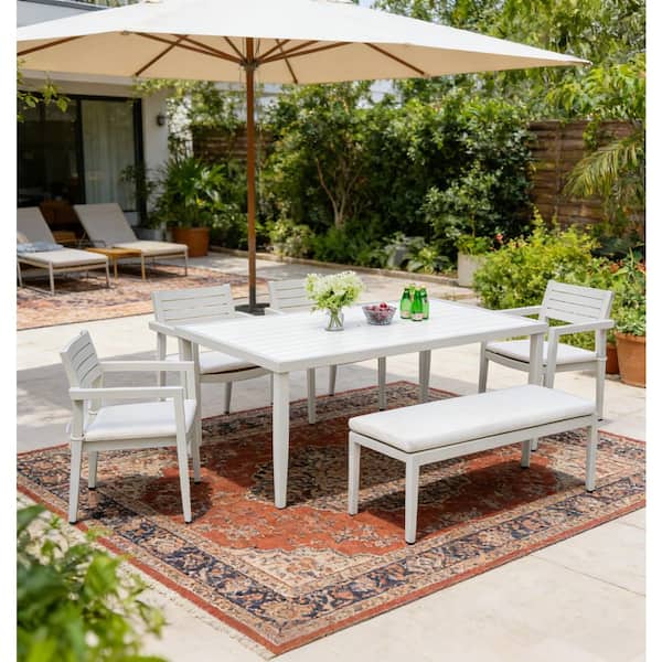 6-Piece Aluminum Outdoor Dining Set with White Sunbrella Cushions