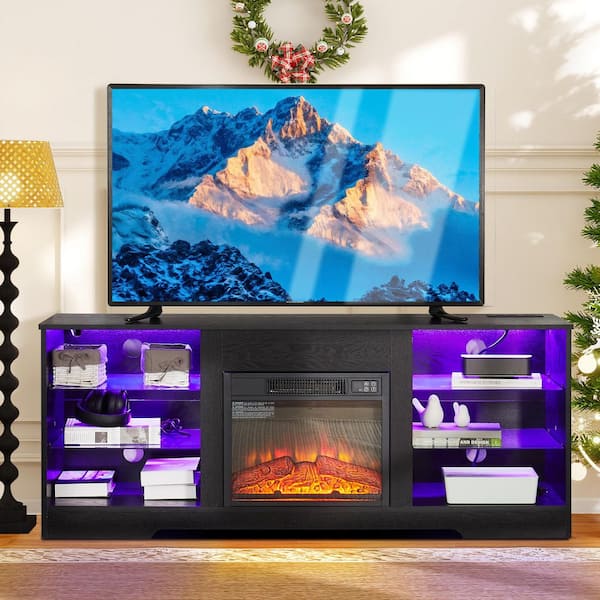 58 in. Freestanding Wood Electric Fireplace TV Stand with Glass Shelves, LED Lights, USB Charging Outlet for 62 in TV