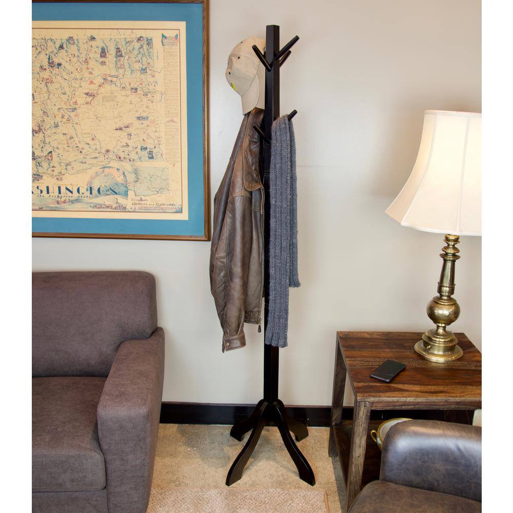 Black Solid Acacia Wood Hall Tree with 8 Hooks