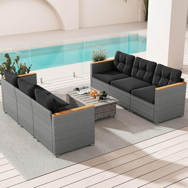 3-Seat Patio PE Rattan Wicker Outdoor Couch Sofa with Deep Seating and Black Cushion for Porch