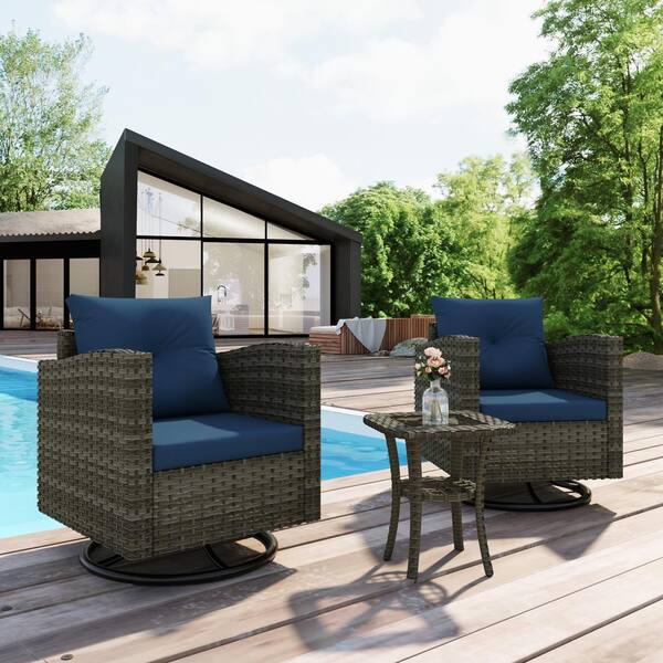 Uixe Rattan Wicker Gray-Brown 2-Piece Swivel Outdoor Rocking Chair Set and Side Table with Blue Cushions