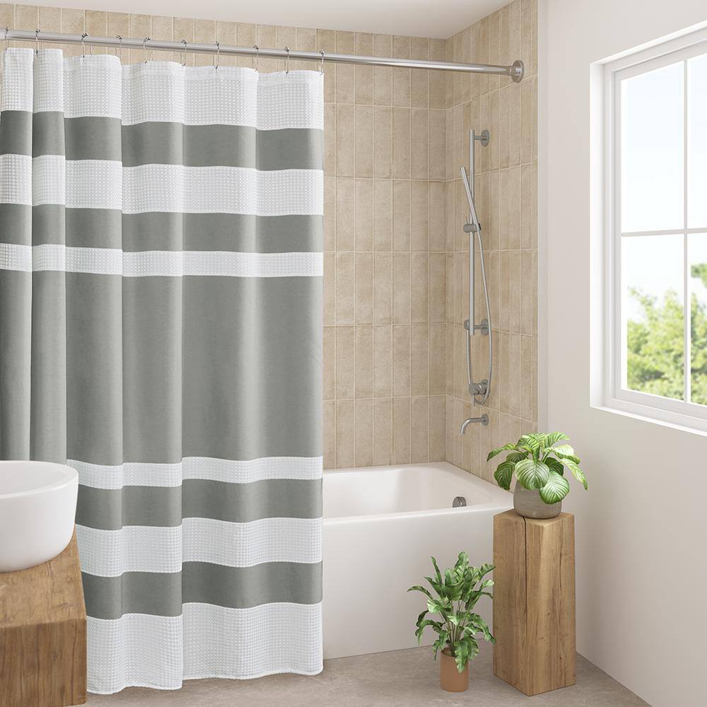 Gray and White Waffle Weave Fabric Shower Curtain