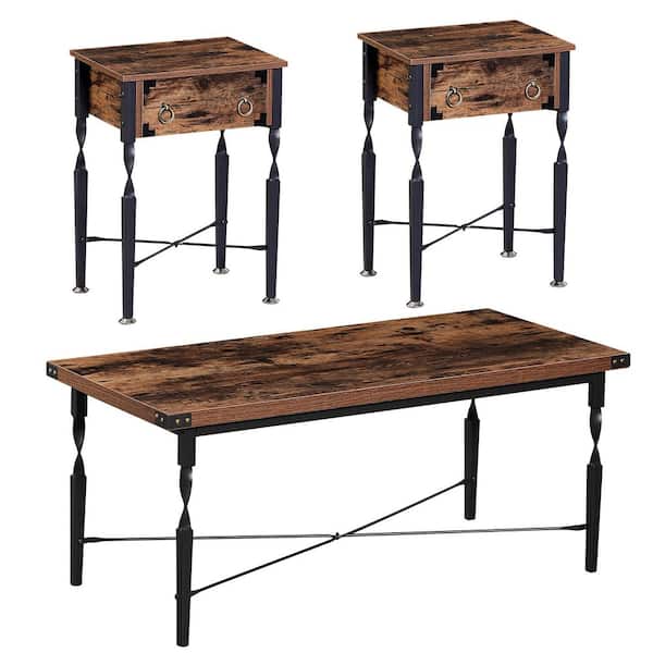 Industrial 41.3 in. Brown Rectangle MDF Coffee Table Set with Metal Frame 3-Piece-1 Coffee Table & 2 End Tables