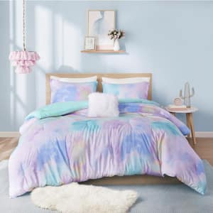 Karissa 4-Piece Aqua Full/Queen Microfiber Watercolor Tie Dye Printed Comforter Set with Throw Pillow