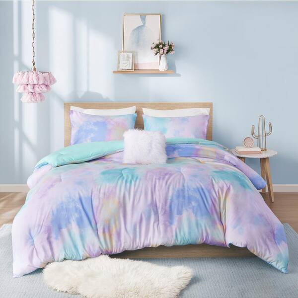 Karissa (4-Piece) Aqua Microfiber Full/Queen Watercolor Tie Dye Printed Comforter Set with Throw Pillow