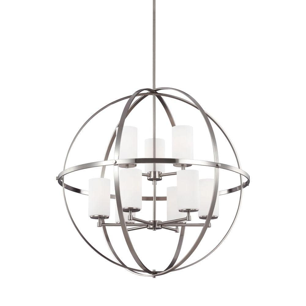 Brushed Nickel Nine-Light Chandelier with Etched Glass Shades
