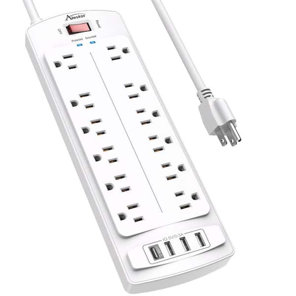BIBIVIS 6 ft. Extension Cord (1875 W/15 A) Power Strip Surge Protector with 12 Outlets and 4 USB Ports, White