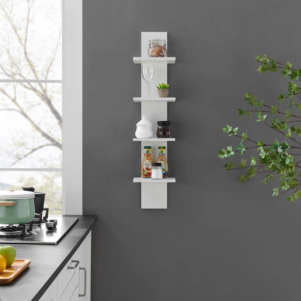 White 4-Tier Floating Wall Shelf with Wood Finish