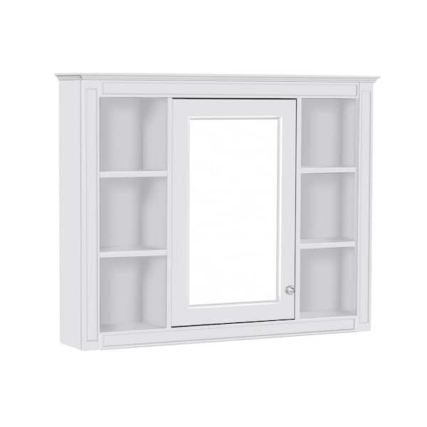 35 in. W x 27.5 in. H White Rectangular Wood Medicine Cabinet with Mirror and 6-Open Shelves