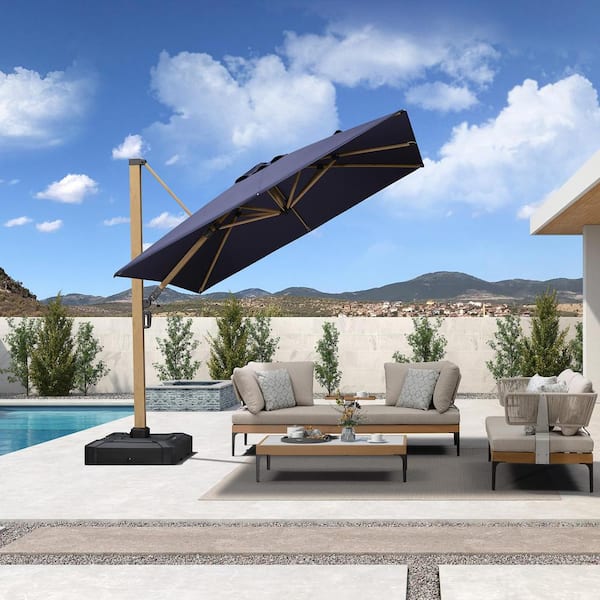 PURPLE LEAF 9 ft. Square Outdoor Cantilever Patio Umbrella Teak Finished Offset 360° Rotation Umbrella with Base, Navy Blue
