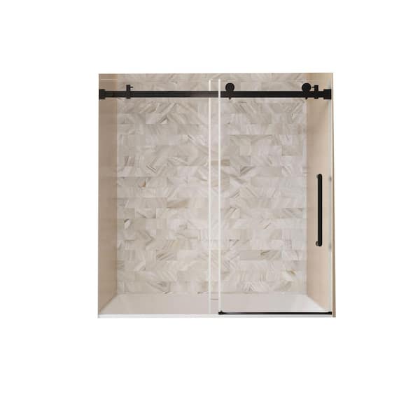 56-60 in. W x 60 in. H Single Sliding Frameless Shower Door in Matte Black with Clear Tempered Glass