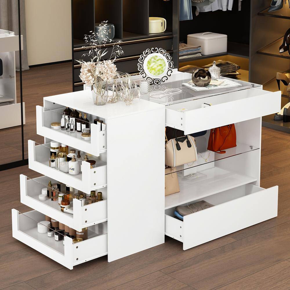 White Wood Free Standing 47.2 in. W Jewelry Armoire With Tempered Glass Top and 8-Drawers - thumbnail 3