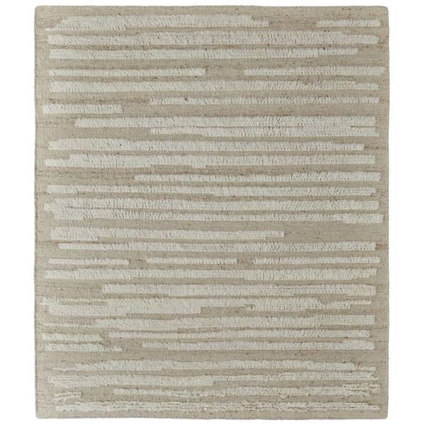 9' X 13' White and Tan Wool Striped Hand Woven Area Rug