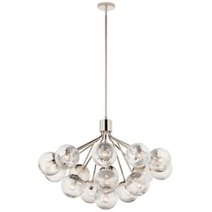 Silvarious 38 in. 16-Light Polished Nickel Modern Crackle Glass Shaded Convertible Chandelier for Dining Room