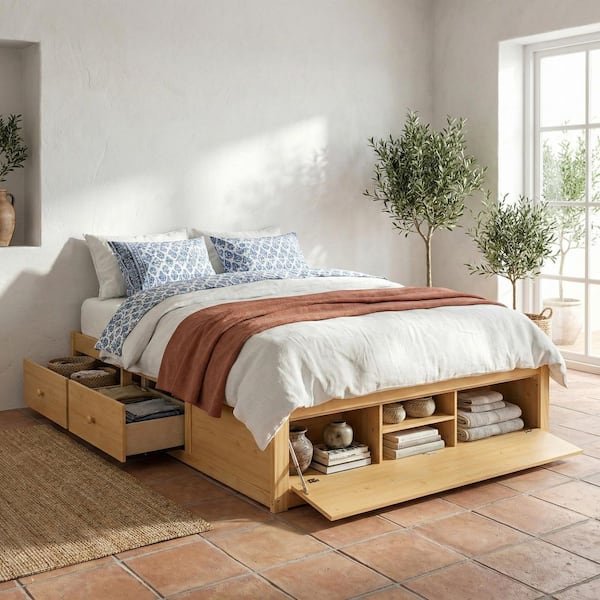 Natural(Yellow) Wood Frame Queen Size Platform Bed with Lift-Up Storage and 4 Drawers