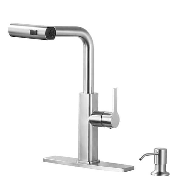 WOWOW 3 Modes Single Handle Pull Down Sprayer Kitchen Faucet with Soap Dispenser in Brushed Nickel