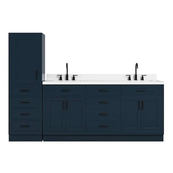 Hepburn 72 in. Double Sink Bath Vanity with Carrara White Quartz Top and Linen Cabinet in Midnight Blue