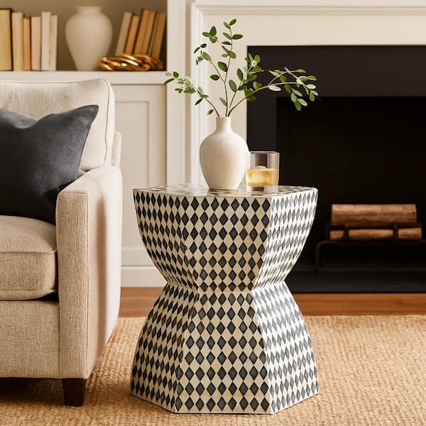 Modern 15 in.  White and Black Hexagon Wood Table Stool with Capiz Inlaid Platform