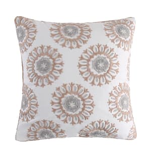 Nacala Taupe, Grey and White Emroidered Medallions 18 in. x 18 in. Throw Pillow