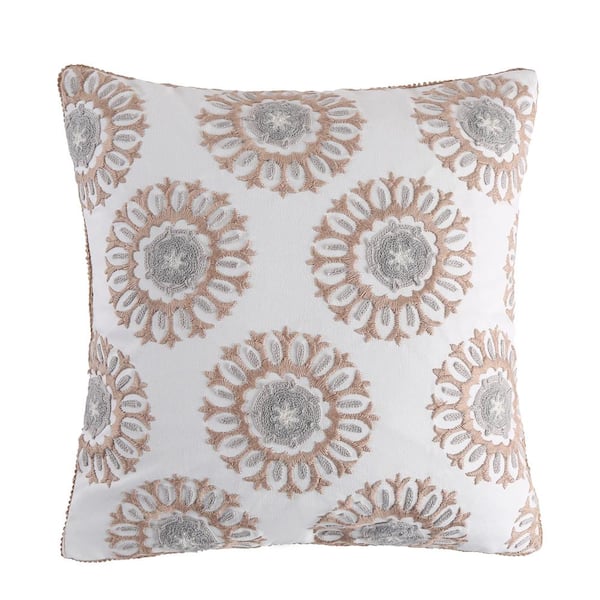 LEVTEX HOME Nacala Taupe, Grey and White Emroidered Medallions 18 in. x 18 in. Throw Pillow