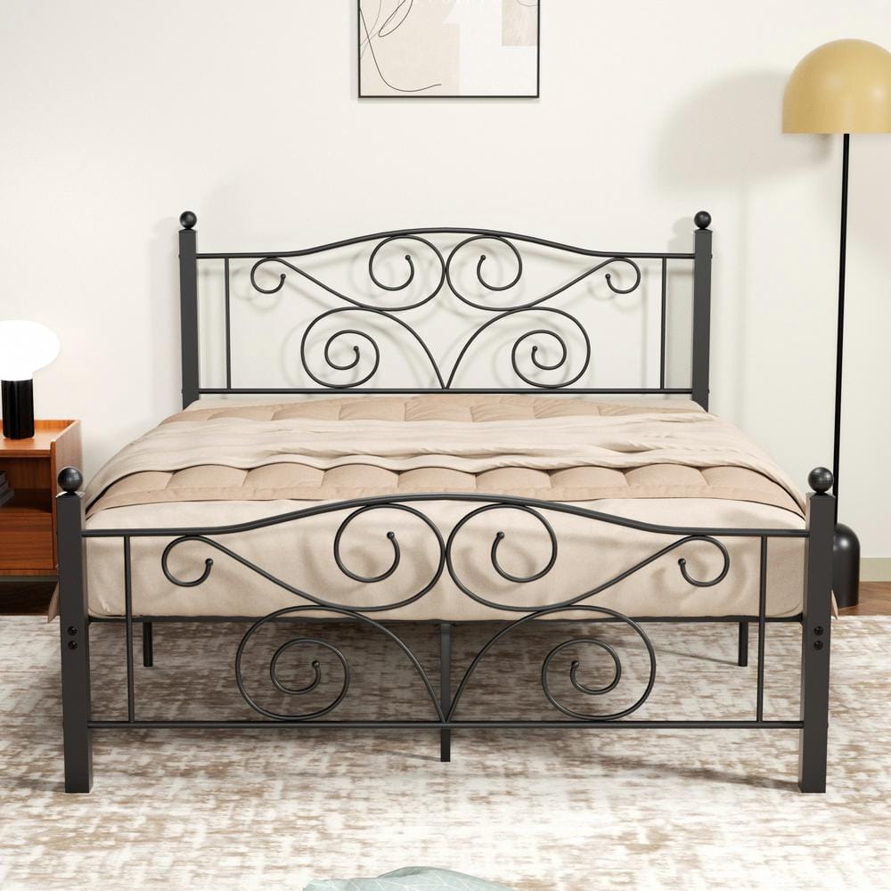 VECELO Queen Size Bed Frame Support with Headboard and Footboard, No Box  Spring Need Metal Platform Bed, Black, 60